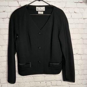 VTG Pierre Delaneau 100% Wool Three Button Front Blazer Jacket Women Size L Blac
